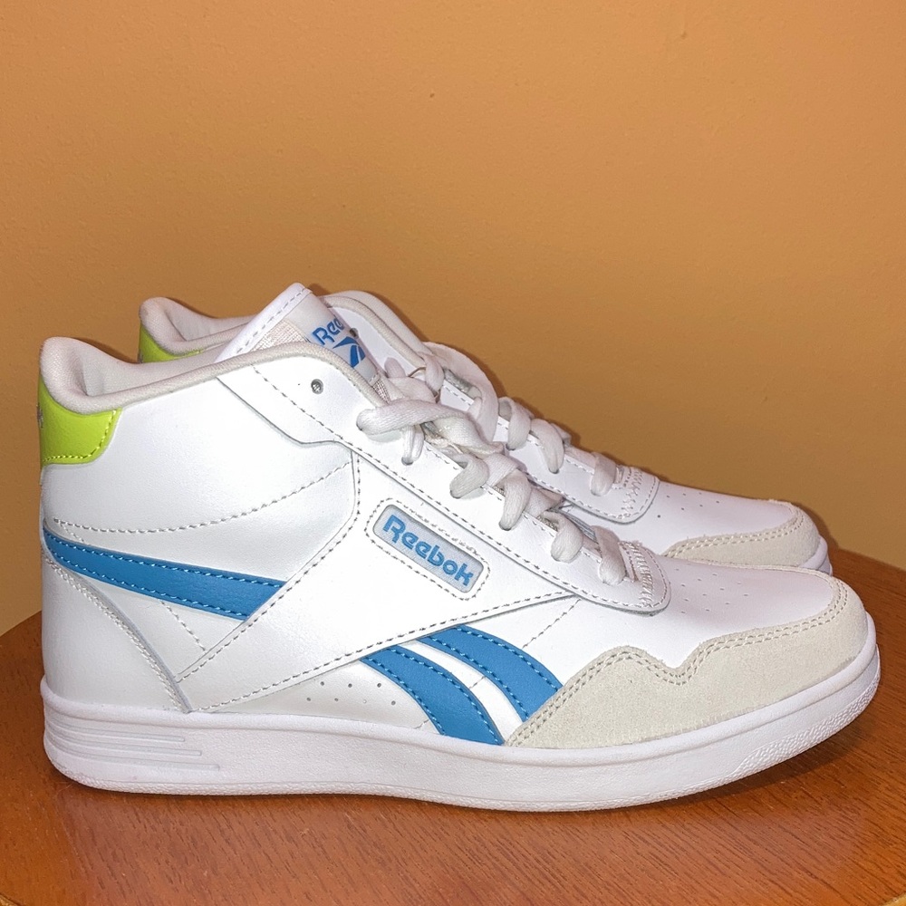 Reebok White and Blue High Top Sneakers with Neon Accents - Picture 2 of 8